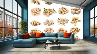 Set of tasty pistachios isolated on white Wall mural