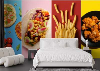 Set of traditional fast food on colorful background, top view Wall mural