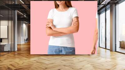 Set of young woman in white t-shirt on pink background. Mockup for design Wall mural