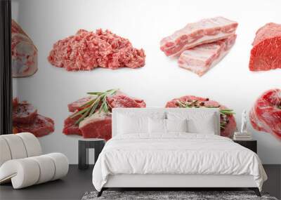 Set with different raw meat on white background Wall mural