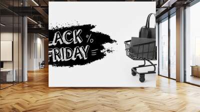 Shopping cart with bags on white background, closeup. Black Friday concept Wall mural