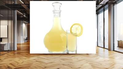 Shot and bottle of tasty Limoncello on white background Wall mural