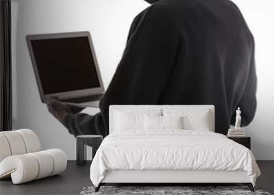 Silhouette of hacker with laptop on white background Wall mural