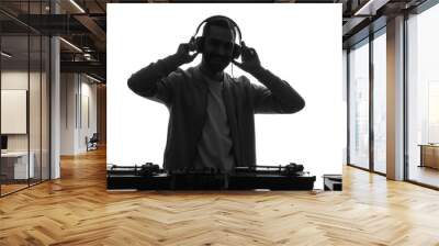 Silhouette of male DJ playing music on white background Wall mural