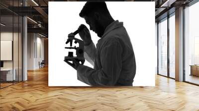 Silhouette of male scientist with microscope on white background Wall mural