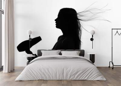 Silhouette of young woman with hair dryer on white background Wall mural