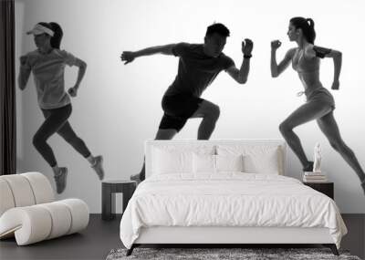 Silhouettes of running sporty people isolated on white Wall mural