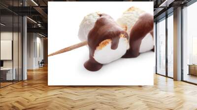 skewer with tasty grilled marshmallows in chocolate on white background Wall mural