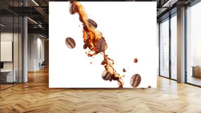 Splash of coffee with falling beans on white background Wall mural