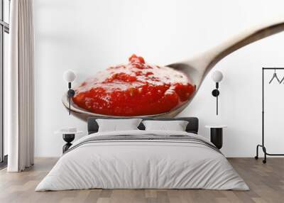 Spoon with tasty tomato sauce on white background Wall mural