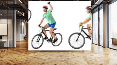 Sporty young man riding bicycle against white background Wall mural