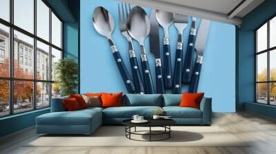 Stainless steel cutlery on blue background Wall mural