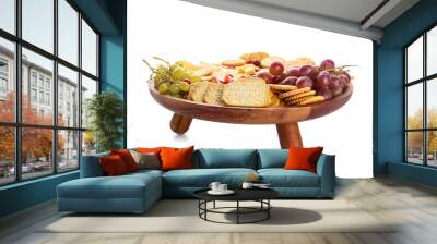 Stand with tasty crackers and snacks on white background Wall mural