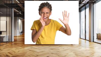 Stressed African-American girl on white background. Stop racism Wall mural