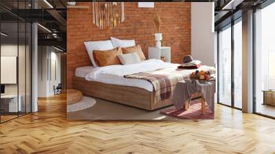 Stylish interior of modern bedroom with autumn decor Wall mural