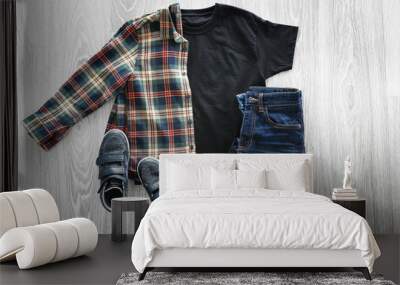 Stylish outfit with shoes on wooden background Wall mural