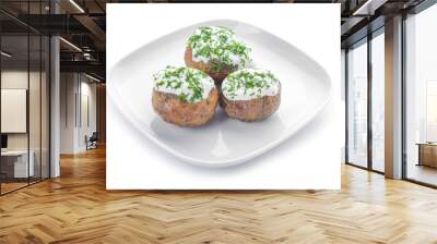 Tasty baked potato with sour cream on white background Wall mural