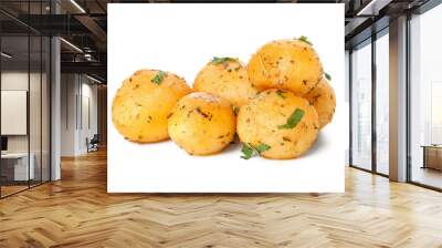 Tasty baked potatoes with parsley on white background Wall mural