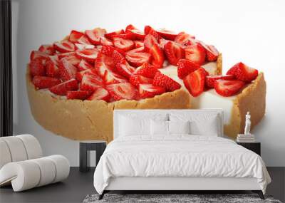 Tasty cheesecake with strawberry on white background Wall mural