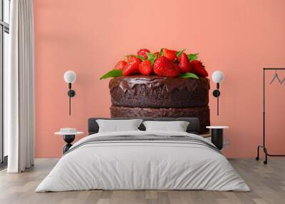 Tasty chocolate cake with strawberry on color background Wall mural