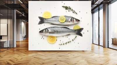 Tasty fresh seabass fish with spices on white background Wall mural