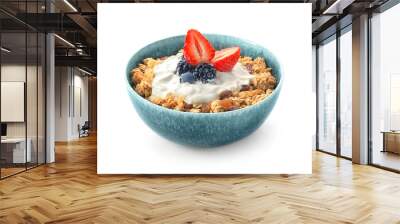 Tasty granola with yogurt in bowl on white background Wall mural