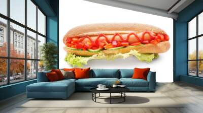 Tasty hot dog on white background Wall mural