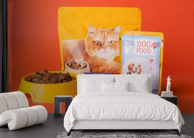 Tasty pet food on color background Wall mural