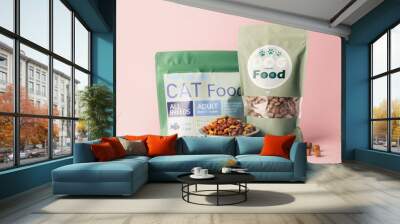 Tasty pet food on color background Wall mural