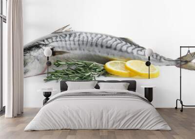 Tasty raw mackerel fish on white background Wall mural