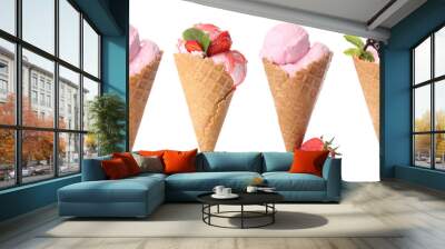 Tasty strawberry ice cream on white background Wall mural