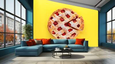 Tasty strawberry pie on color background Wall mural