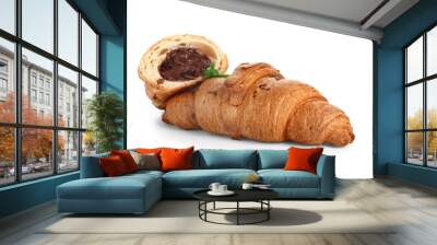 Tasty sweet croissants on white background Wall mural