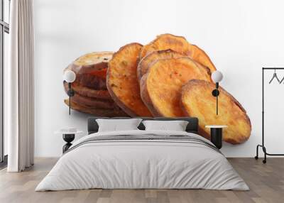 Tasty sweet potato chips on white background Wall mural