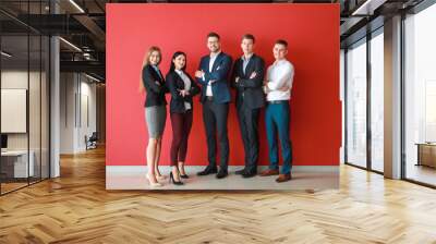 Team of business people near color wall Wall mural