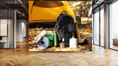 Tourist's survival kit and camping tent in autumn forest Wall mural