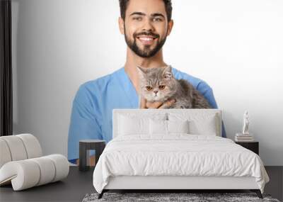 Veterinarian with cute cat on white background Wall mural