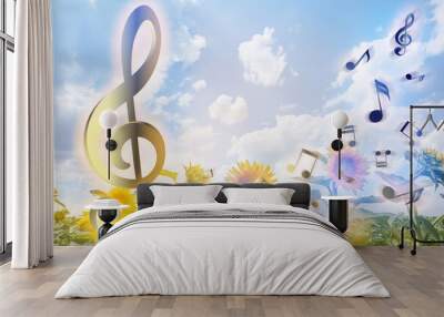 View of beautiful sunflower field and flying music notes in countryside Wall mural