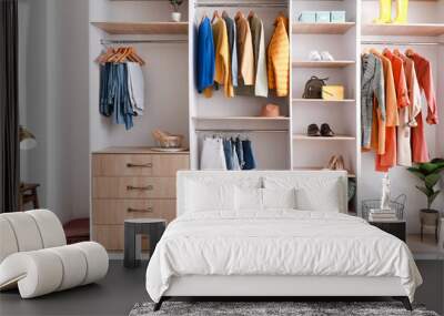 Walk-in closet with stylish female clothes Wall mural