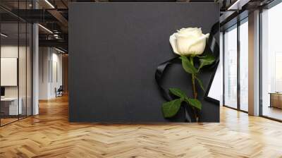 White rose with ribbon and photo frame on black background Wall mural