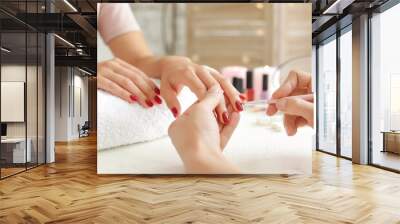 Woman getting professional manicure in beauty salon, closeup Wall mural