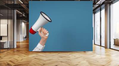 Woman holding megaphone on color background Wall mural