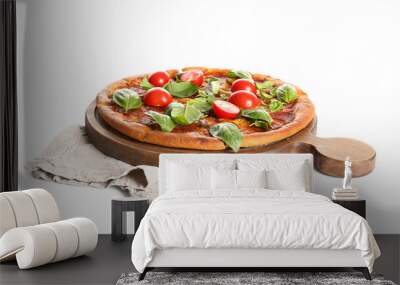 Wooden board of delicious Pepperoni pizza with tomatoes and basil isolated on white background Wall mural