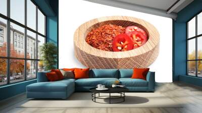 Wooden bowl of chipotle chili flakes isolated on white background Wall mural