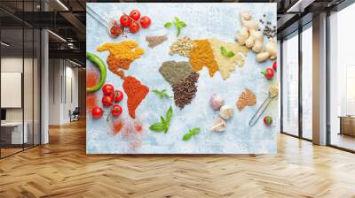 World map made of different spices on light background Wall mural