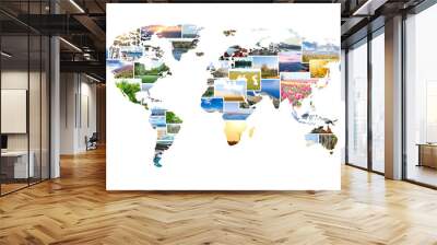 World map made of photos with different picturesque landscapes on white background Wall mural