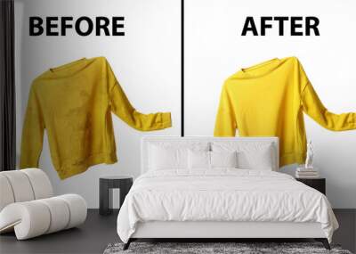 Yellow sweatshirt before and after dry-cleaning on white background Wall mural