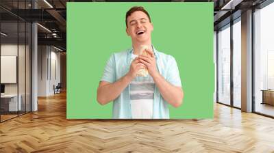 Young happy man eating doner kebab on green background Wall mural