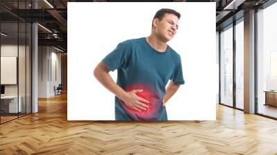 Young man suffering from abdominal pain on white background Wall mural