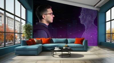 Young man with his digital projection on dark background. Concept of digital twin Wall mural